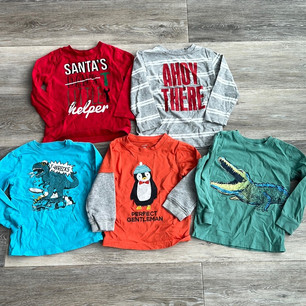 Lot of 5 boys long sleeve tees shirts, Santa, Penguin, t-Rex, alligator size 24m